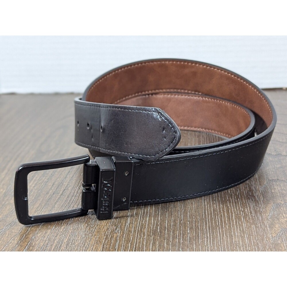 HURLEY Black Leather Belt Silver Buckle Mens Large 36 To 42